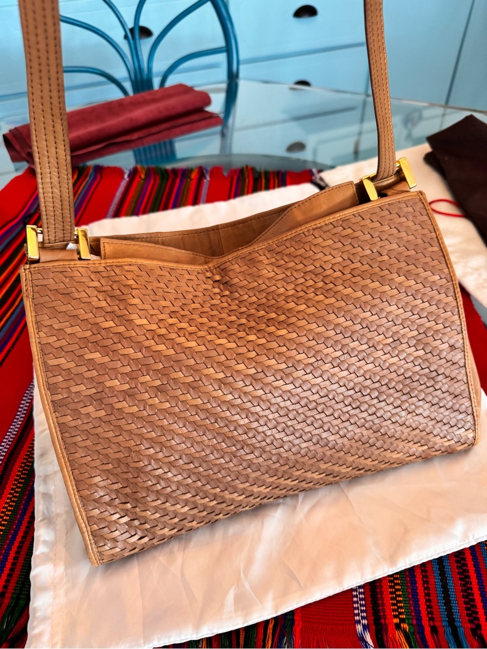 Bottega Veneta Woven Brown Shoulder Bag with Gold Hardware